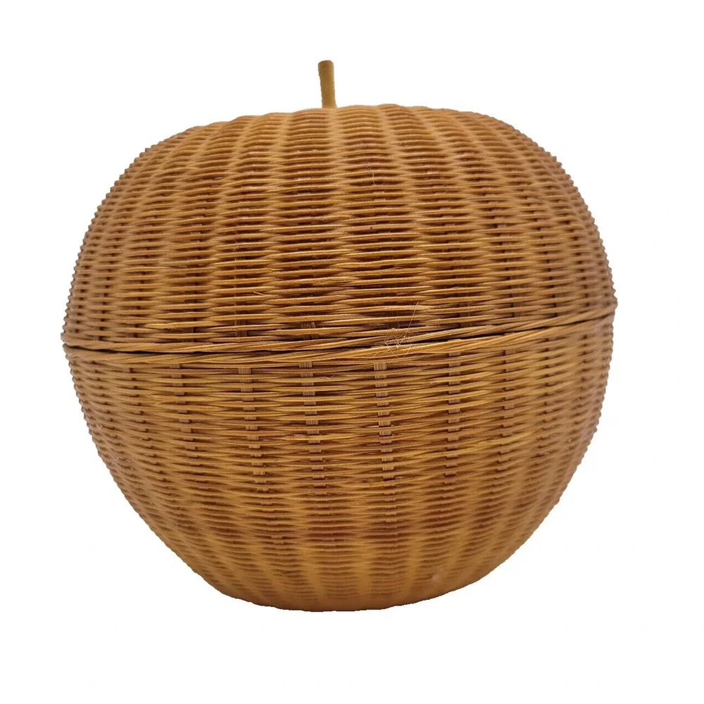 Vintage Apple Shaped Fine Straw Basket Small Woven Wicker Teacher Shelf Decor 4
